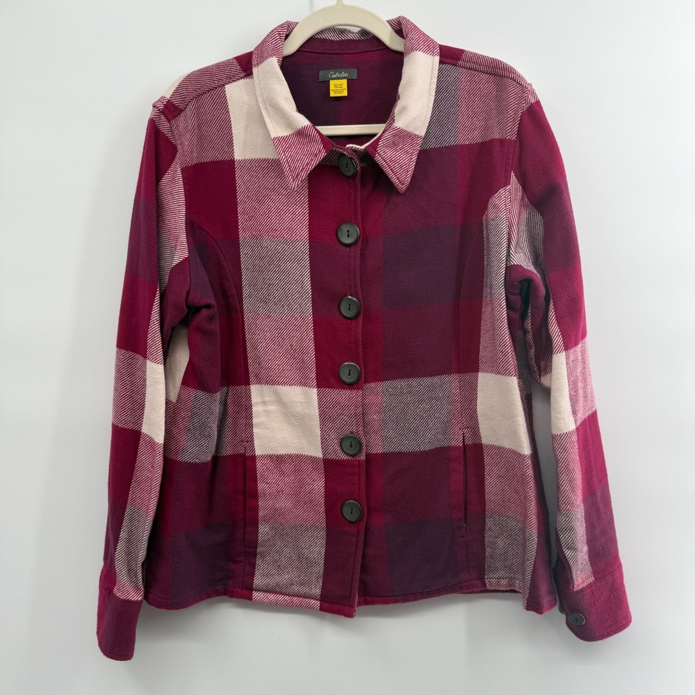 Cabela's Women's‎ XL Plaid Button Front Shirt Jacket 100% Cotton Burgundy